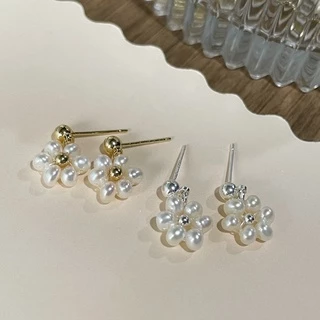 ต่างหูมุกแท้ บาร้อค ดอกไม้ กลม ก้านชุบทอง18K/ชุบเงินแท้ Genuine Pearl Baroque Flower Round Earring