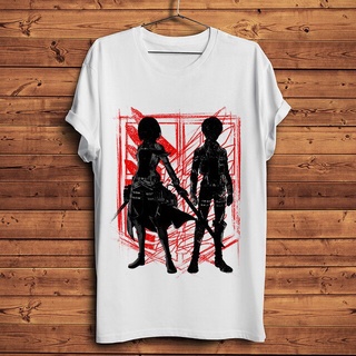 เสื้อยืดผู้ชาย Gildan เสื้อยืดผ้าฝ้าย 100% พิมพ์ลายอนิเมะ Mikasa Ackerman And Eren Jaeger สีขาว สําหรับผู้ชาย S-5XL