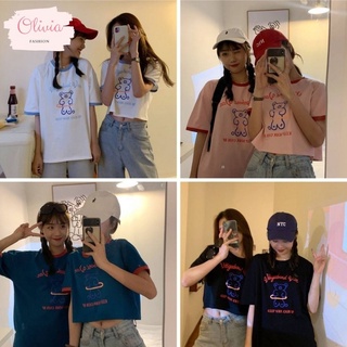 🍓Olivia🍓 เสื้อครอปเอวลอย สไตล์เกาหลี งานสกรีนลายหมี 🐻 #9350-51