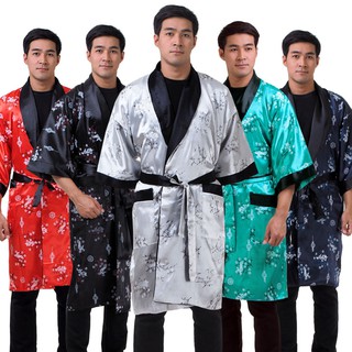 ชุดคลุมนอน ชุดคลุมนอนผ้าซาติน ชุดคลุมกิโมโนสองหน้า ชุดคลุมลายจีน Embroided Dragon Men Satin Robe