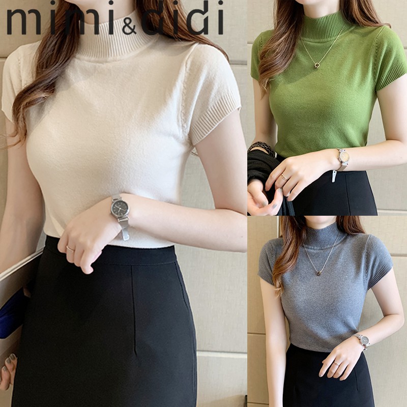 mimi&didi 473 เสื้อไหมพรมแขนยาว เสื้อครอป คอเต่า แขนสั้น สีพื้น​ เนื้อผ้าบางไม่มาก สไตล์รัดรูป เหมาะสำหรับสาวOffice