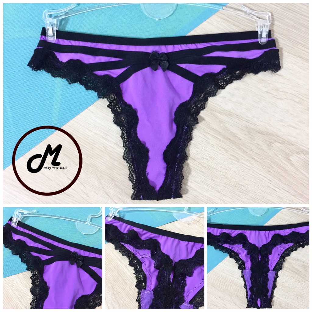 MG7-044(B7-G084-123)จีสตริงสีม่วงแต่งแถบและลูกไม้ตรงขอบขาสีดำ,ไซส์8(S),10(M),12(L),14(XL)ผ้าคอตตอนผส