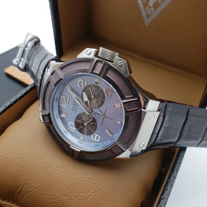 Guess Rigor W0040G10 45mm Stainless Steel Case Brown Calfskin Mineral ...