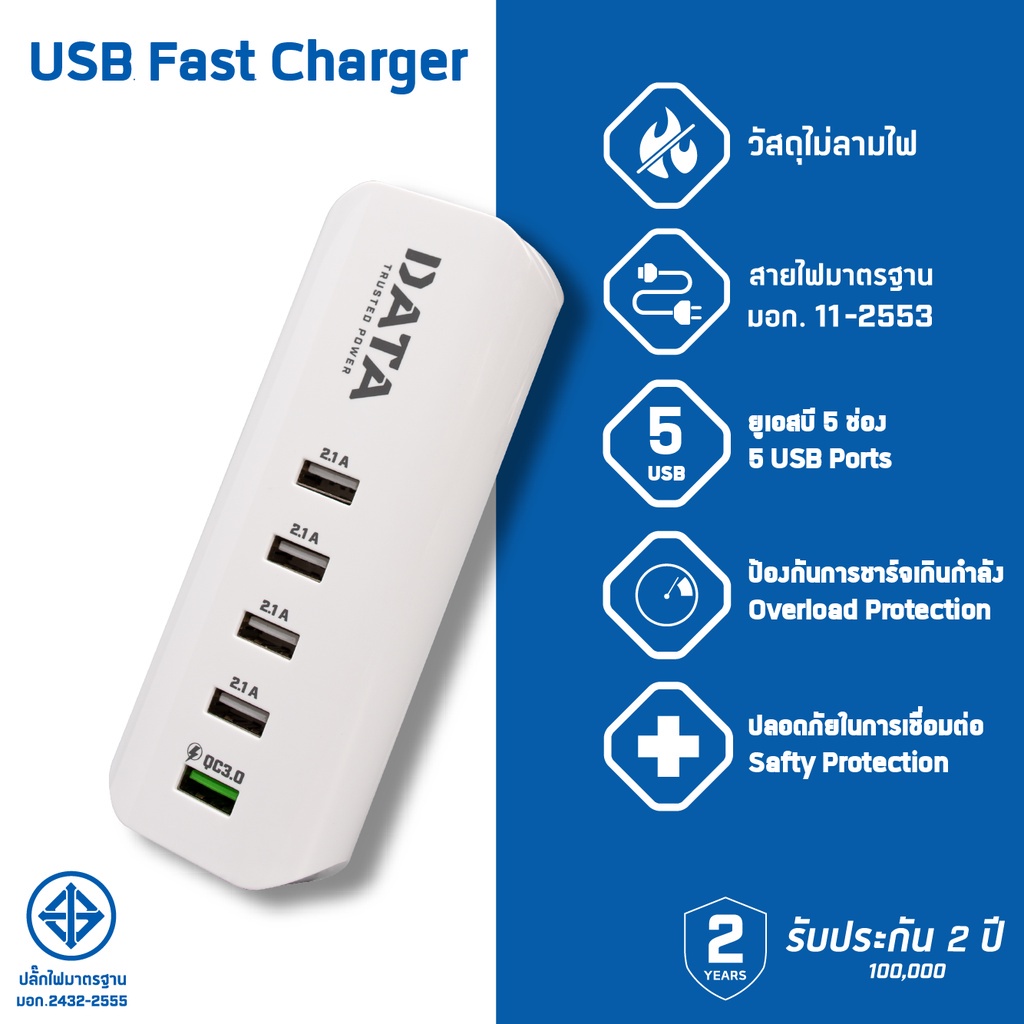 PULG (ปลั๊ก) DATA USB 5 ช่อง Fast Charge (ชาร์จเร็ว 3.0A 1ช่อง) พกพาสะดวก ยาว 1.2 เมตร สีขาว ประกัน 2 ปี
