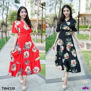 TW4338 แม็กซี่เดรสคอวี พิมพ์ดอก