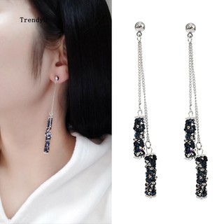 TDU_Luxury Rhinestone Inlaid Tassel Rectangle Pendant Women Stud Earrings Jewelry