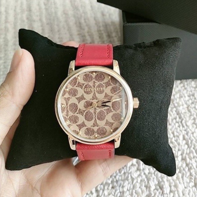 (ผ่อน0%) นาฬิกาข้อมือ หน้าปัดสีทอง ลายC ​สายหนัง สีแดง  Coach Grand Ladies Gold Tone Red Leather  Watch 14503408 36 มม.