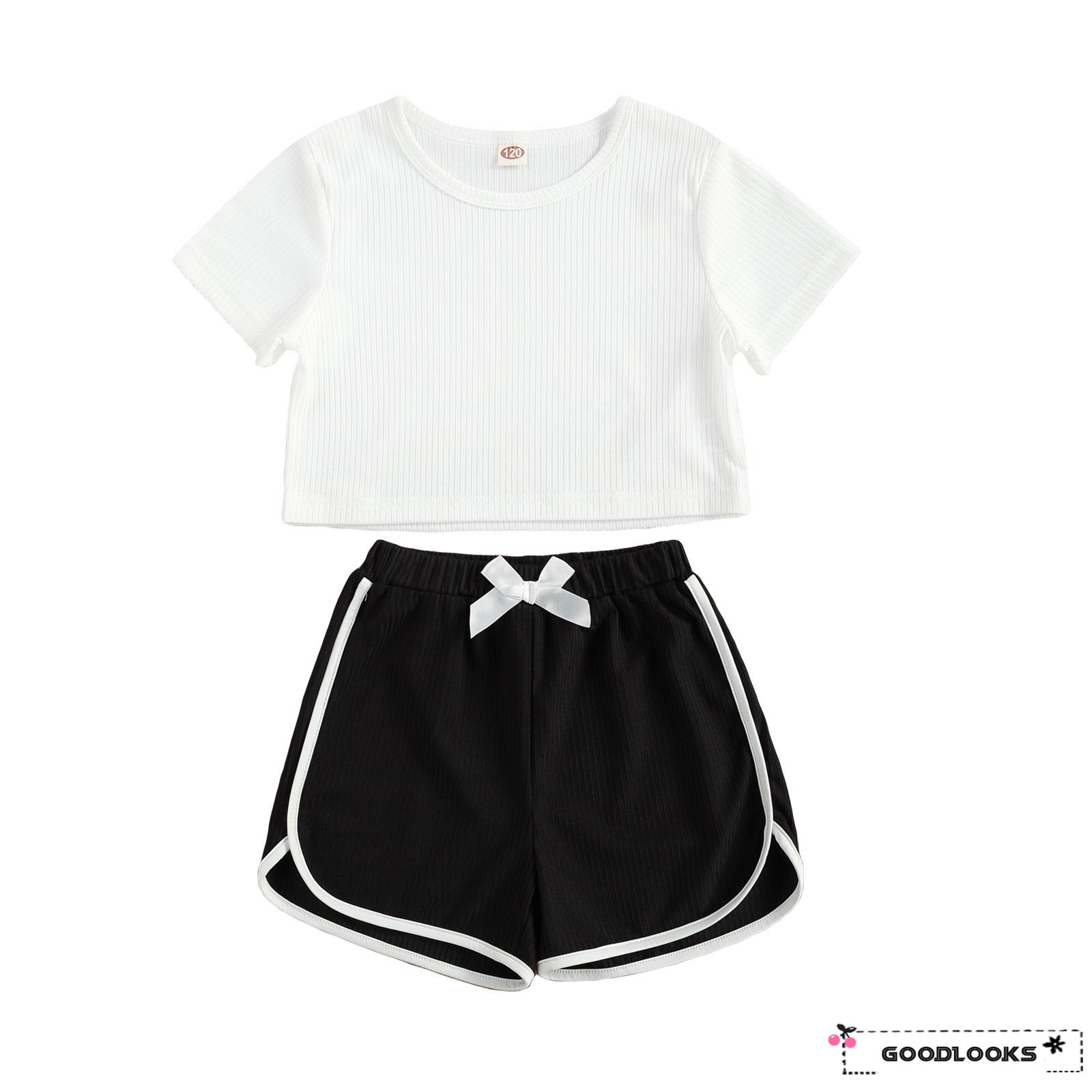 GD-Little Girls Short Sleeve Set, Solid Color Ribbed Tops and Patchwork ...