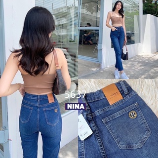 👖NN-ST🌟 5637 กางเกงยีนส์ผ้ายืดเอวสูง งานฟอกเข้ม ทรงบอยสลิม ฮิตตลอดกาล