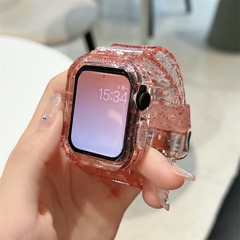 สายนาฬิกาข้อมือ พลาสติกใส ประดับกลิตเตอร์ สําหรับ Apple Watch 41 มม. 45 มม. 44 มม. 40 มม. 42 มม. 38 มม. iWatch 7 6 SE 5 4 3 2