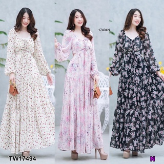 17494 แม็กซี่เดรส แขนยาว เว้าเอวชีฟอง ลายดอกไม้ Long sleeve maxi dress, show waist, chiffon fabric, floral pattern