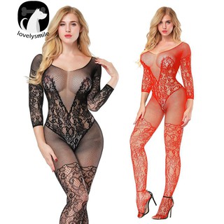 เย็บปักถักร้อยตาข่ายกลวง crotchless Bodystocking ดูผ่านบอดี้สูท