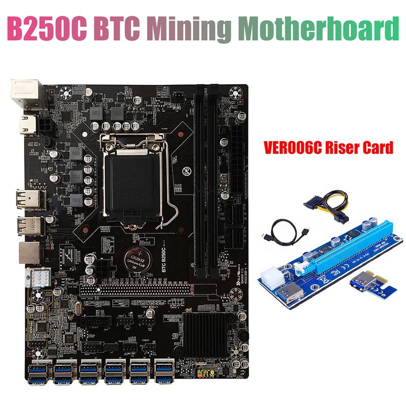 B250C BTC Mining Motherboard+VER006C Riser Card 12XPCIE to USB3.0 GPU Slot LGA1151 Support DDR4 RAM 