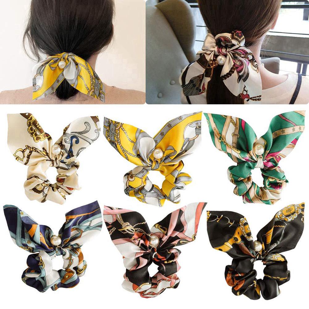 Women Pearl Bow Hair Scrunchies Rope Band Ring Tie Ponytail Holder Accessory