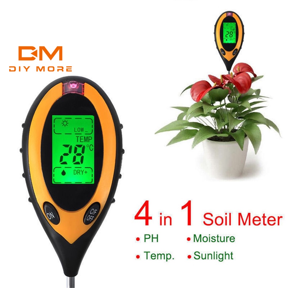 DIYMORE 4 in 1 เครื่องวัดค่าดินดิจิทัล พร้อมแบตเตอรี่ สำหรับวัดค่า PH ความชื้น อุณหภูมิ ความเข้มของแสง