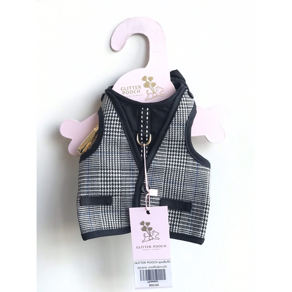 Puppis Pet Shop ชุดเสื้อน้องหมา GLITTER POOCH ชุดเสื้อกั๊กคุณชาย ลายชิโนริขาว-ดำ (Size L,2M,M)