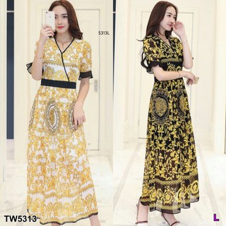 Maxi Dress แม็กซี่เดรสคอวี งานพิมพ์ลาย KP5313