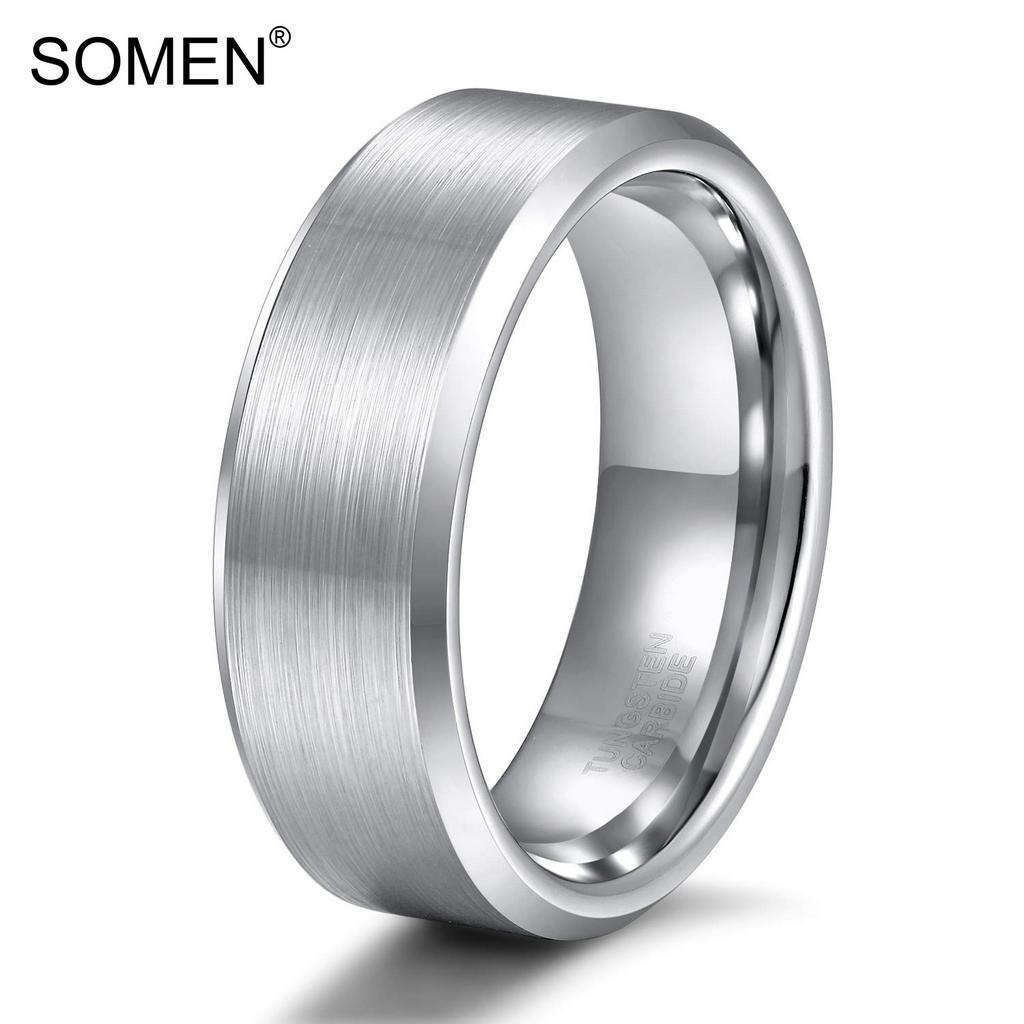 Somen แหวนทังสเตน ขอบเอียง 8 มม. สีเงิน ใส่สบาย ไซซ์ 6-15 สําหรับผู้ชาย ผู้หญิง งานแต่งงาน