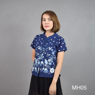 BM-109 เสื้อม่อฮ่อม คอจีนกระดุมจีน หญิง เข้ารูป ลายหยดน้ำเชิงดอก