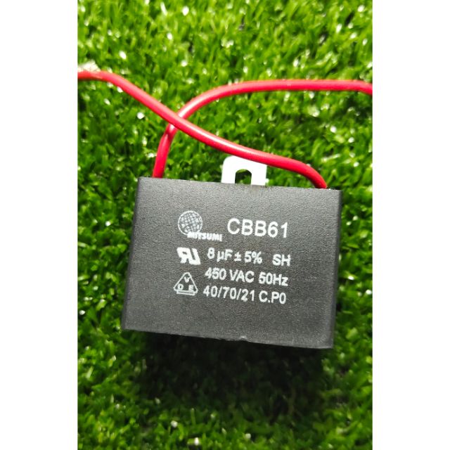 คาปาซิเตอร์พัดลม 8uf/450v ยี่ห้อมิตซูมิ สายแดง แถมท่อหด4เซน 1เส้น คอนเดนเซอร์ ซี  Capacitor อะไหล่พั