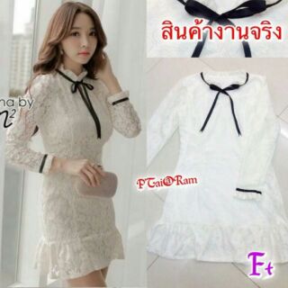 White  Lace Black Ribbon Dress