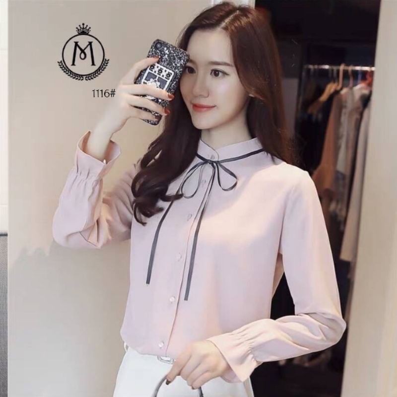 เสื้อทำงานคอจีนใส่สบายผ้าชีฟอง แขนยาว สไตล์ เสื้อทำงาน ผ้าสวมใส่สบาย