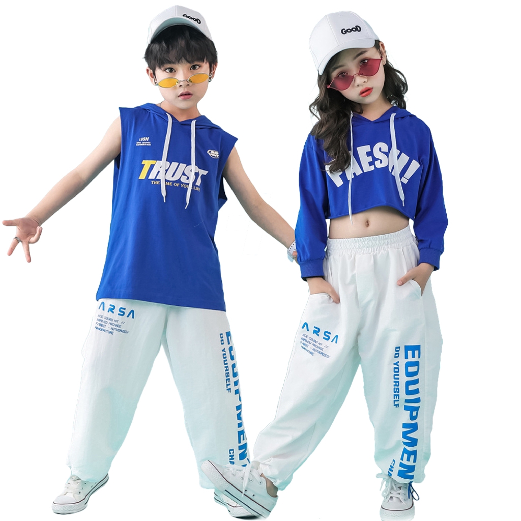 ชุดเสื้อยืด มีฮู้ด และกางเกงเต้นรํา สไตล์ฮิปฮอป สําหรับเด็กผู้ชาย และเด็กผู้หญิง
