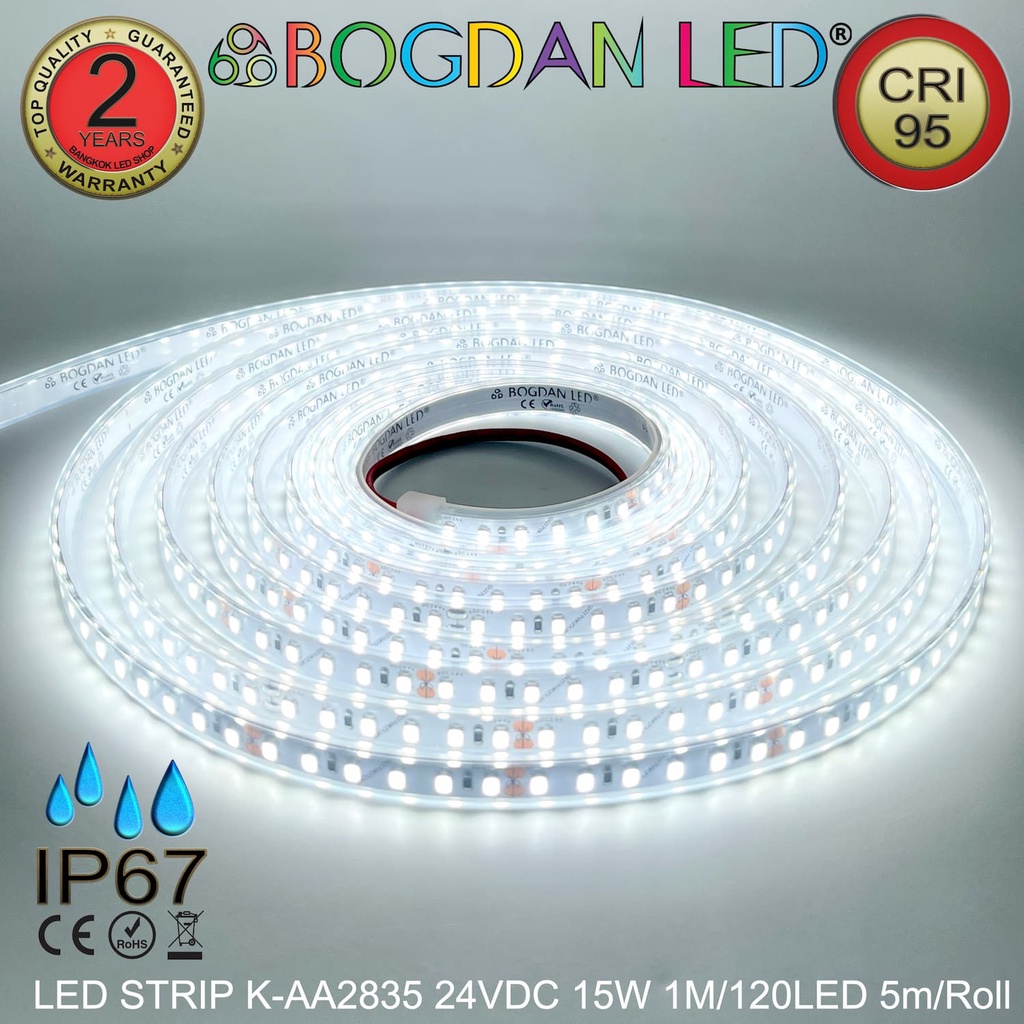 LED STRIP K-AA2835-120-6500K DC-24V 15W/1M IP67 ยี่ห้อBOGDAN LED แอลอีดีไฟเส้นสำหรับตกแต่ง 600LED/5M