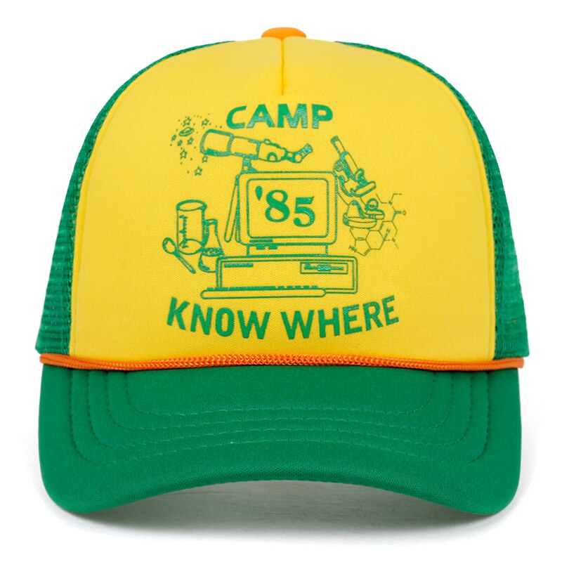 Topi Lelaki Retro ตาข่ายหมวกผู้ชายและผู้หญิงคนแปลกหน้า Dustin Trucker หมวกสีเหลืองสีเขียว 85 ที่ไหนปรับหมวกฮาโลวีน