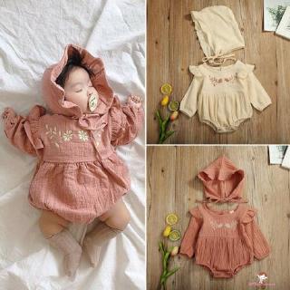 Innocence- ชุดรอมเปอร์ แขนยาว ผ้าฝ้าย ผ้าลินิน สีพื้น และหมวก แฟชั่นฤดูใบไม้ร่วง สําหรับเด็กทารกแรกเกิดผู้หญิง 2 ชิ้น