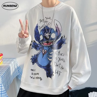 เสื้อยืดลําลอง แขนยาว คอกลม ทรงหลวม ลาย Stitch อเมริกัน พลัสไซซ์ สําหรับผู้ชาย 8XL