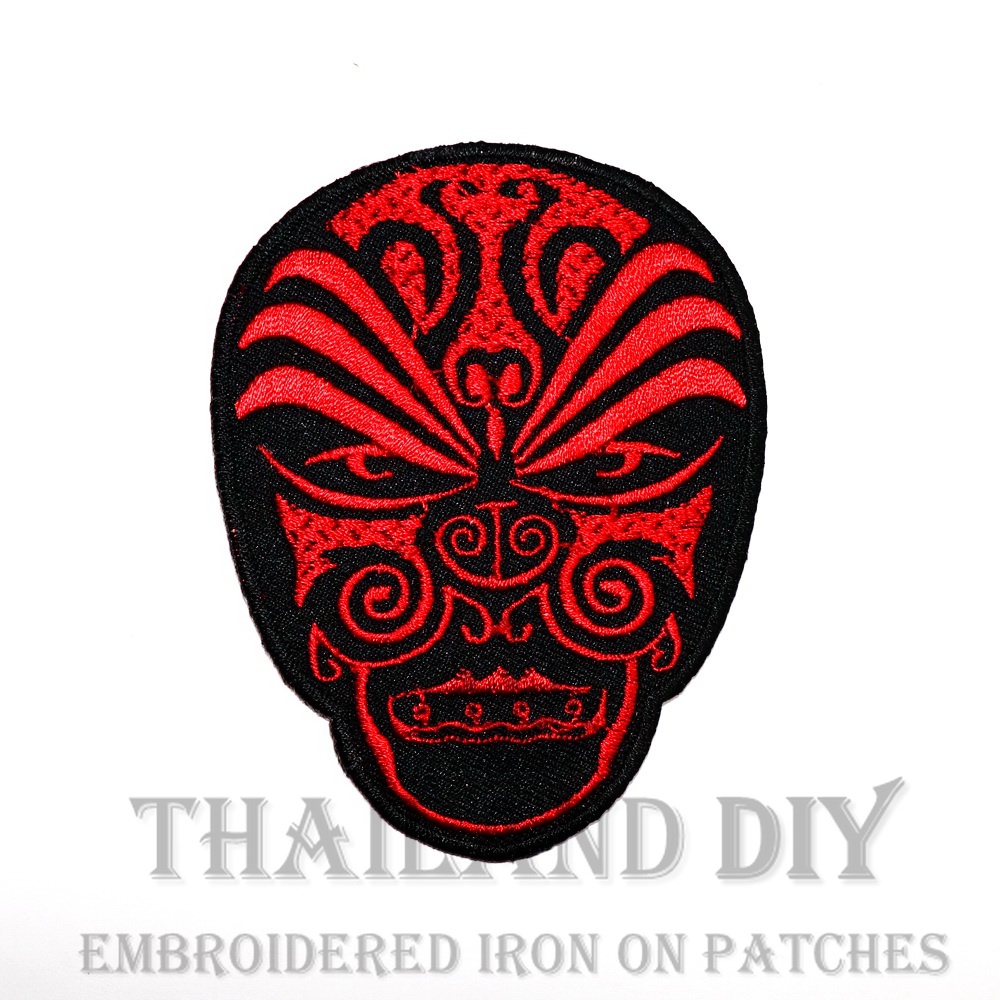 ☠ ตัวรีดติดเสื้อ งานปัก ลาย หน้ากาก หน้าผี แดง ญี่ปุ่น สัญลักษณ์ Japanese Mask Skull Patch WOP DIY ตัวรีด อาร์มติดเสื้อ