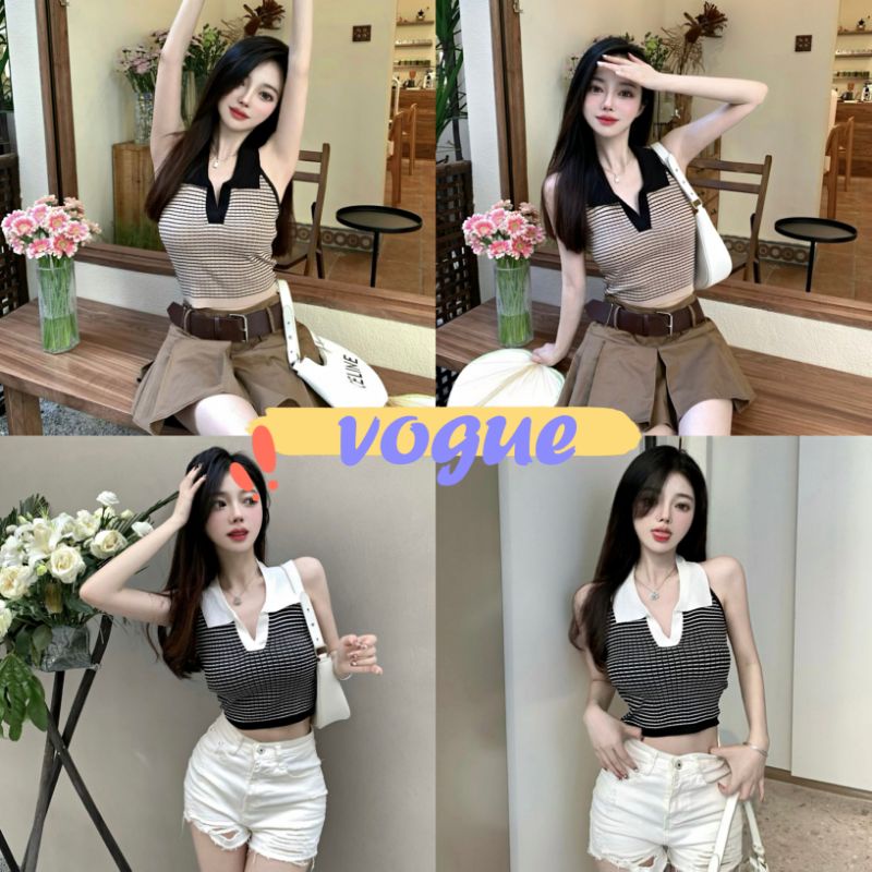 Vogue🌟พร้อมส่ง🌟  เสื้อครอปคล้องคอไหมพรม คอปก ดีเทลลายทางน่ารักมาก (0236) -C