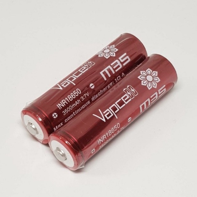 Vapcell INR18650 3500mAh M35(สีแดงรุ่นมีหัว) แพค2ก้อน ของแท้แถมกล่องใส่ถ่าน