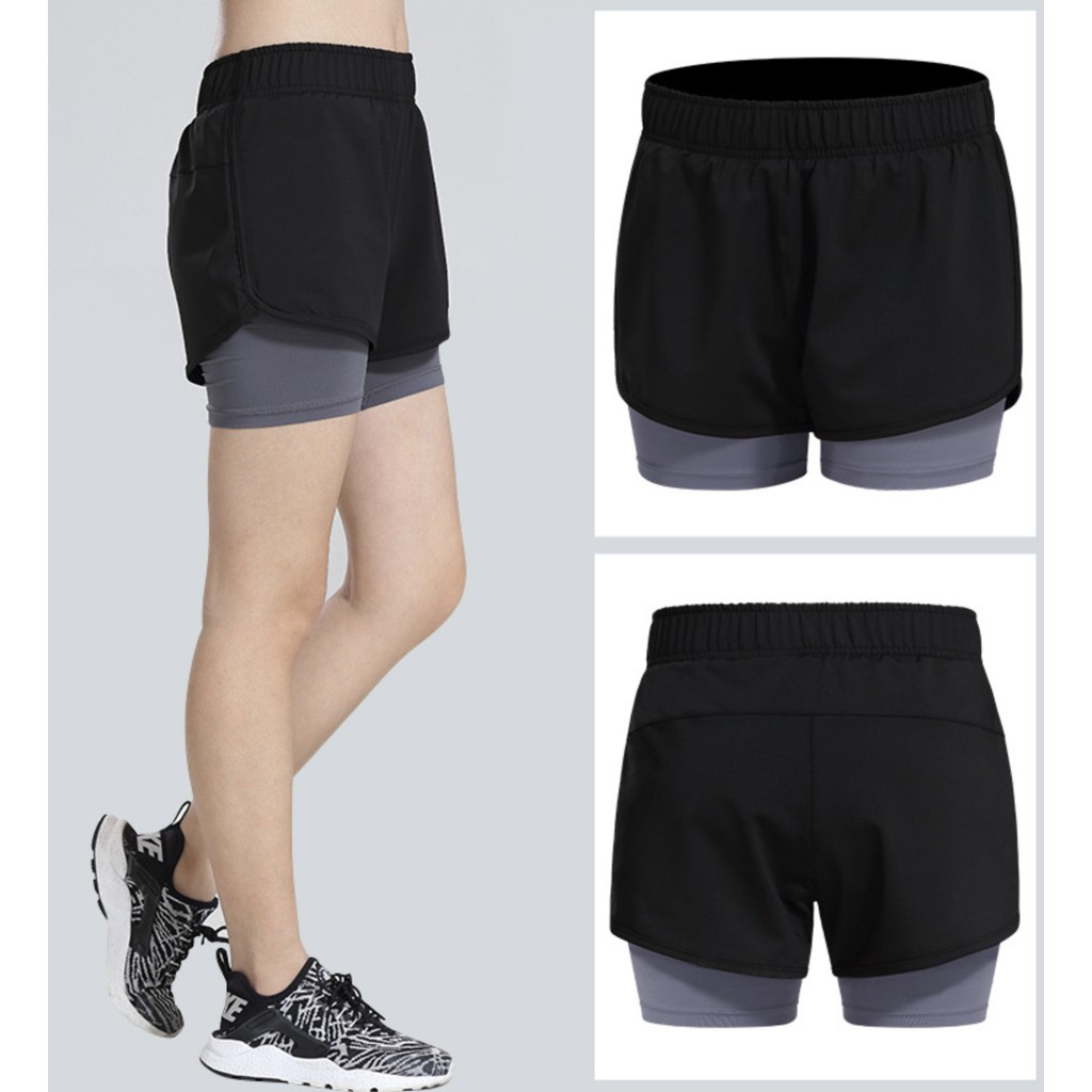 กางเกงออกกำลังกายขาสั้นผู้หญิง วิ่ง/ฟิตเนส 2IN1 Doubel Layer มีซับด้านใน