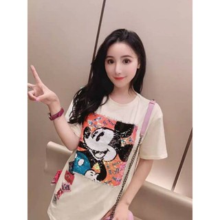 เสื้อยืดแฟชั่นผู้หญิงสไตล์เกาหลีน่ารัก เสื้อยืดมิกกี้เมาส์ผ้าอย่างดี Mickey Mouse งานปักเลื่อมสลับสีได้ ผ้านุ่มยืดได้