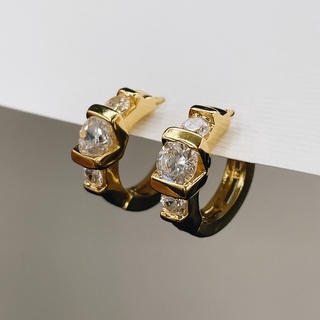 Chunky Triple Gem Huggies, 18K Gold Plated Sterling Silver Earrings E0104 | เงินแท้ 925 ชุบทองเเท้ 18 กะรัต