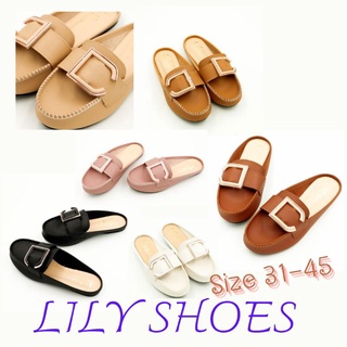 Size 38-45 รองเท้าคัทชู เปิดส้น แบบตัว C เส้นคาด หนังนิ่ม Lily Shoes [โค้ด SEUWS922 ลดสูงสุด 20%]