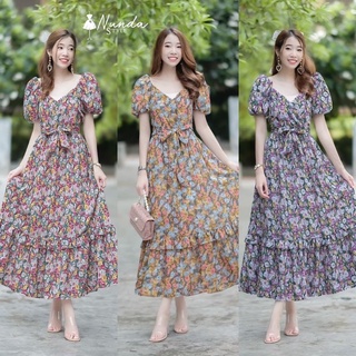 MaxiDress แม็กซี่เดรส ลายดอก แขนบอลลูน ผ้าวูลเวฟ ผูกโบเอว งานเรียบๆ แต่งสวยสุดๆ