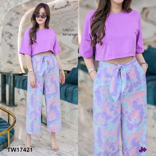 TW17421 Set #สาวอวบ 2 ชิ้น เสื้อครอป คอลตอน กับ กางเกงเอวสูง ดีเทลผูกเอว มีกระเป๋าล้วง 2 ข้าง เนื้อผ้า 100D พิมพ์ลาย