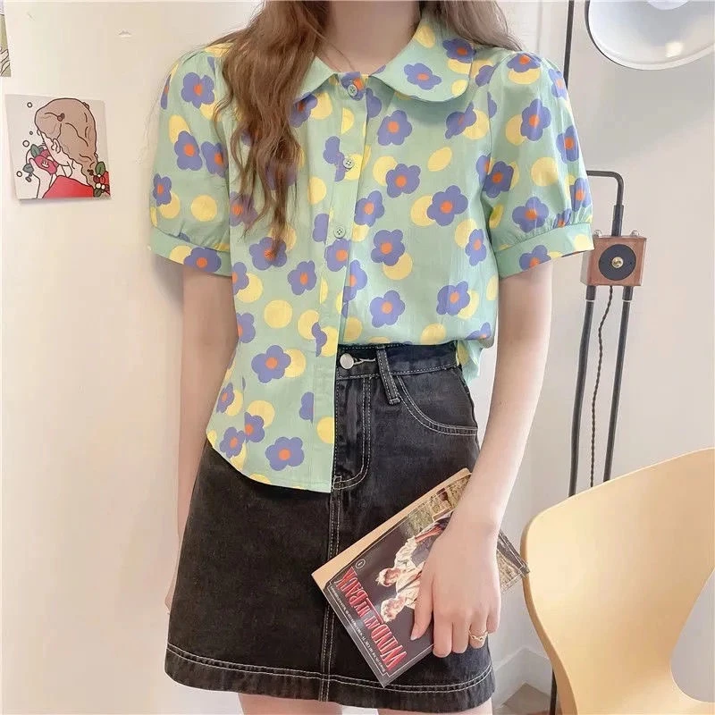 เสื้อเชิ้ตแขนสั้นลายดอกคอตุ๊กตา แขนพอง สไตล์เกาหลี thumbnail 3