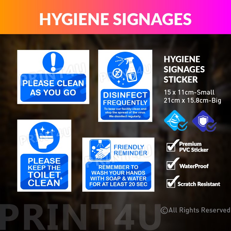PRINT4U HYGIENE SIGNAGES สติ๊กเกอร์ล้างมือ | KEEP CLEAN | มือซานติเซ | DISINFECT PLEASE CLEAN AS YOU