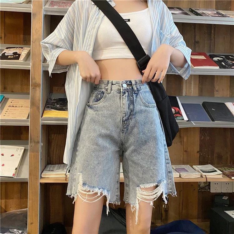 Swan shop แฟชั่นกางเกงขาห้าส่วนขาดรู้ผ้าเดนิมทรงตรงสวยเข้ารูป สไตล์เกาหลีฤดูร้อน รุ่นใหม่