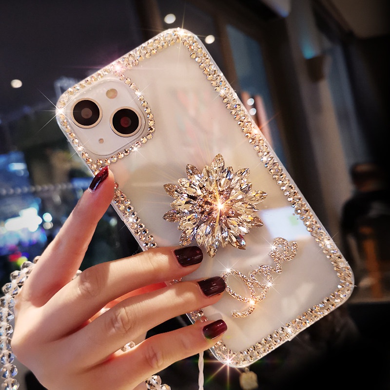 Bling เพชร GEM ดอกไม้ Love เคสโทรศัพท์สําหรับ iPhone 17 16 15 11 12 13 14 Pro Max 7 8 Plus X XR XS Max Glitter หรูหราคริสตัลสายโปร่งใส TPU ฝาหลัง