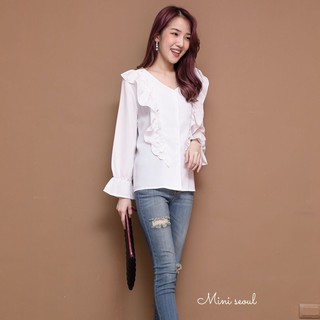 New!!!!! Korea Crimp Blouse เสื้อคอวีกระดุมหน้า แต่งจีบระบายไล่เลเยอร์สวย