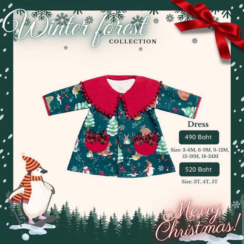 พร้อมส่ง Booboo Babybrand christmas Winter forest Dress ใส่ถ่ายรูป1ครั้ง