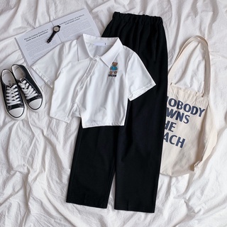 เสื้อยืดคอกลมกางเกงขากว้างลำลองสองชิ้น