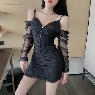 Women Sexy  Dress Slim  Long Sleeve Off-shoulder Dress Short  Bodycon Skirt เดรส ชุดเดรสสั้น