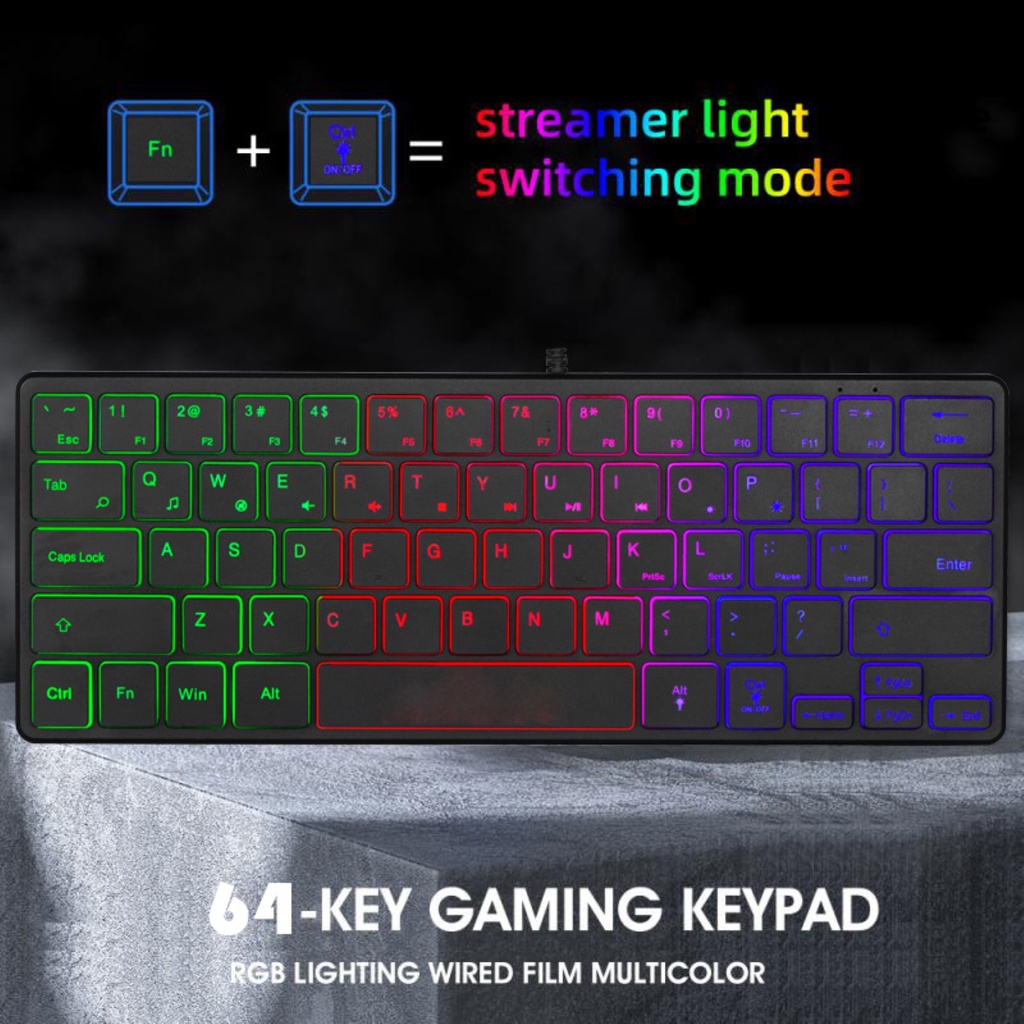 (Str) คีย์บอร์ดเล่นเกม แบบใช้สาย RGB เรืองแสง 64 คีย์ USB สําหรับแล็ปท็ ...