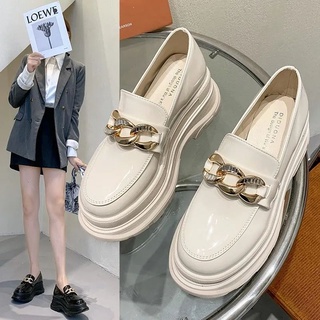 loafer รองเท้าโลฟเฟอร์🥿 ใหม่สไตล์อังกฤษรองเท้าไม่มีส้นหนังสิทธิบัตรสุภาพสตรีรอบนิ้วเท้ารองเท้าลำลอง